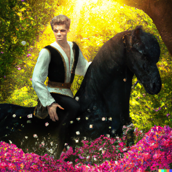 DALL·E 2022-12-04 16.41.52 - A prince is galloping on a black horse in a magical and dark fore...png
