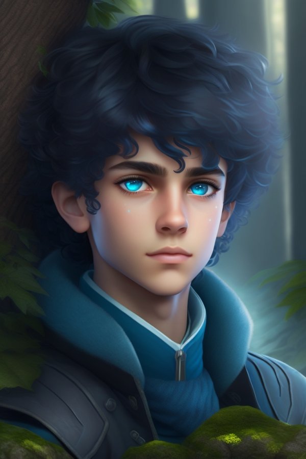 A forest boy with powerful but sad blue eyes with .jpg