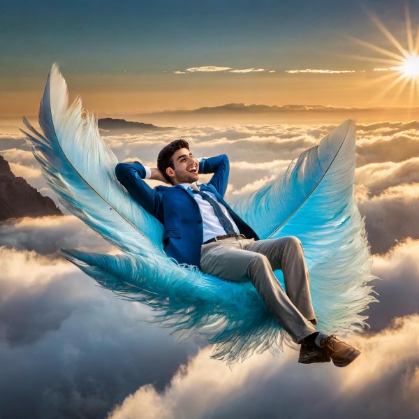 Firefly אדם שוכב על נוצה כחולה בעננים שמח ללא דאגות עם ידיים מאחורי הראש 43615.jpg