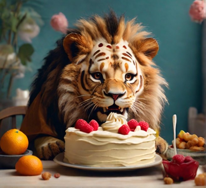 Leonardo_Diffusion_XL_A_lion_and_a_human_eat_together_a_cake_w_0.jpg