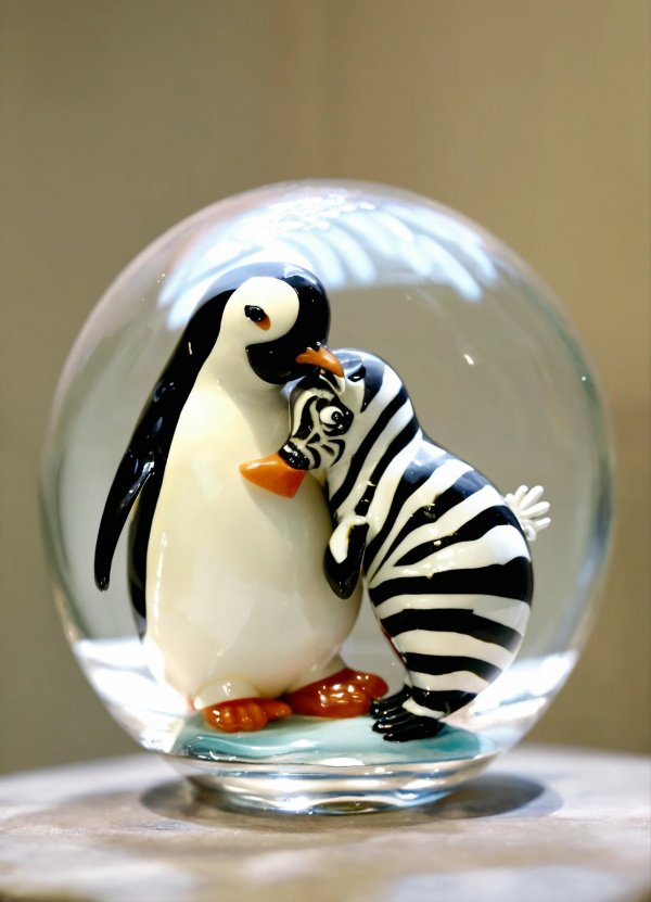 A glass penguin stands inside a glass ball and hug.jpg