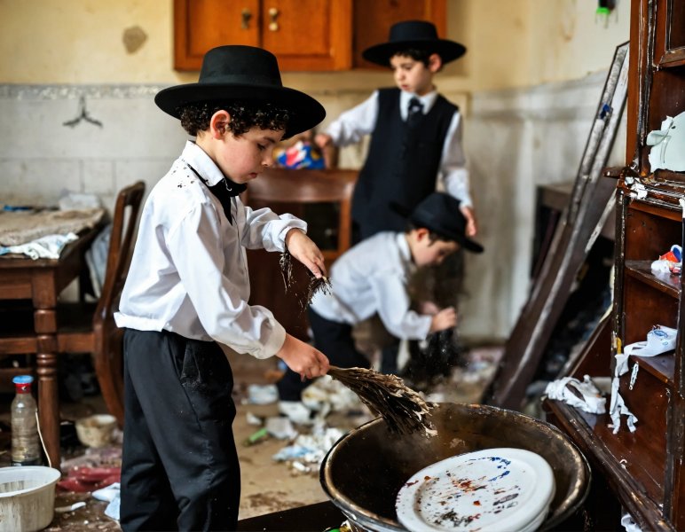 Boys in ultra-Orthodox clothing clean the messy ho.jpg