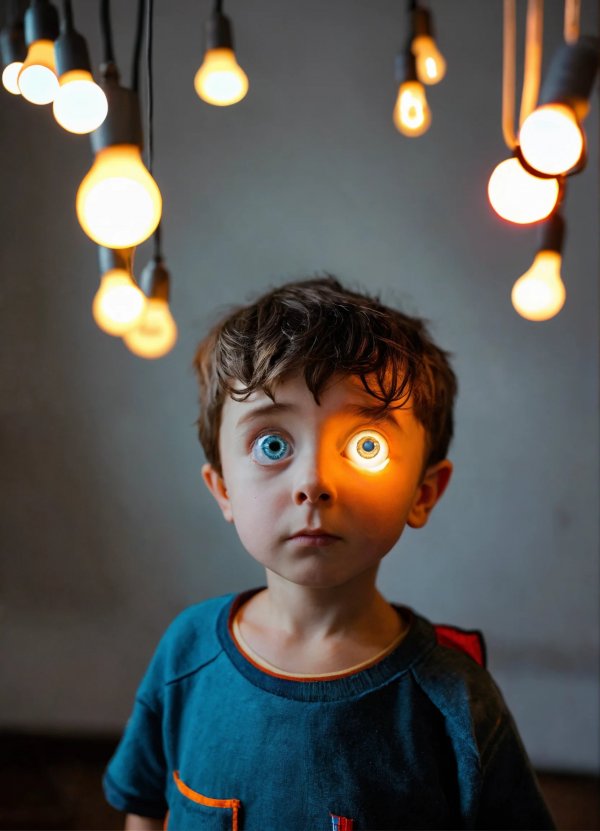 A little boy whose eyes are two bulbs pixar style.jpg