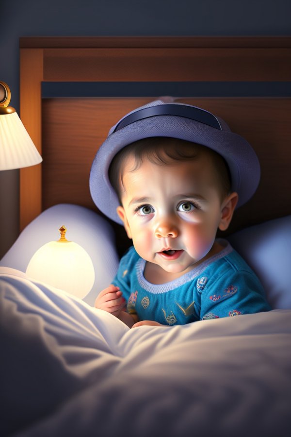 A Jewish child with a kippah is surprised in bed a.jpg