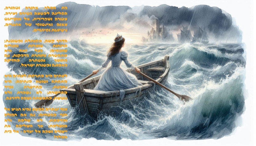 בת המלך, צחורה וטהורה, הפליגה למסעה בסירה זעירה, עכורה ושברירית, אל אוקיינוס עצום ואינסופי של ...jpg