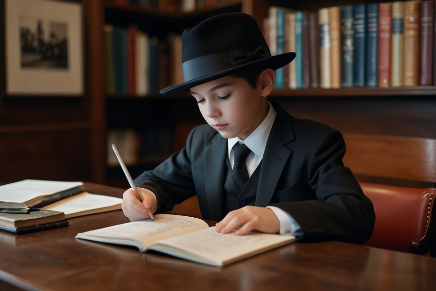 Default_A_10yearold_boy_in_a_black_hat_and_suit_is_studying_1.jpg