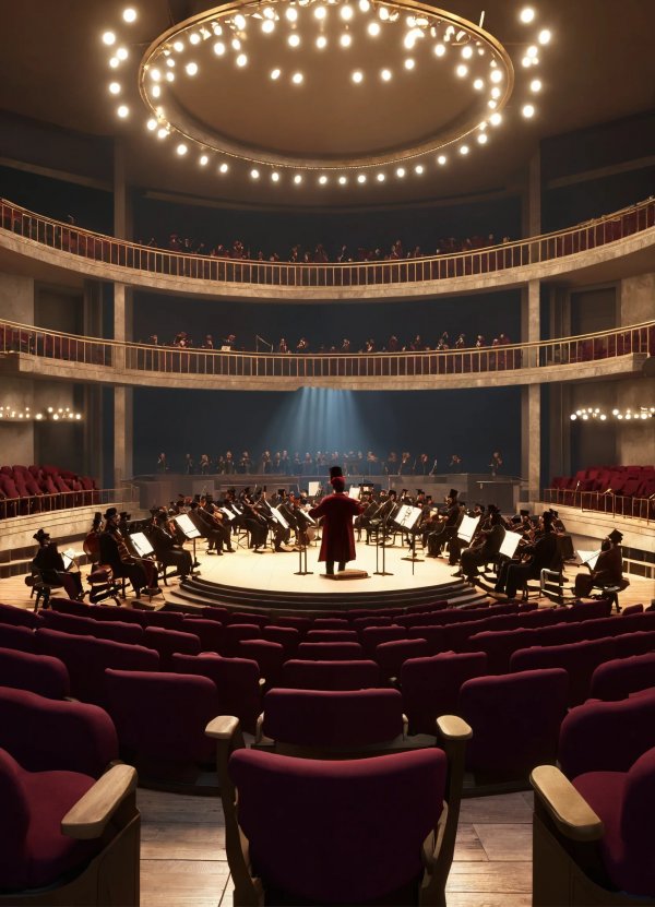 A concert hall with a round stage in the center an.jpg