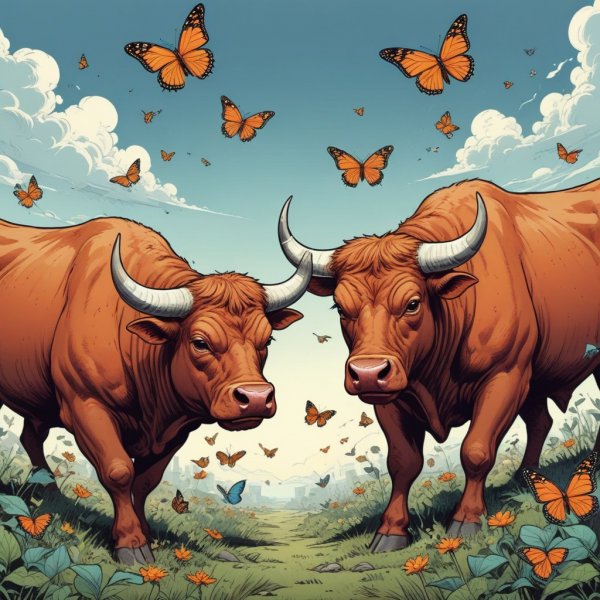 pikaso_texttoimage_Comic-style-Two-bulls-and-butterflies-around-them-.jpeg