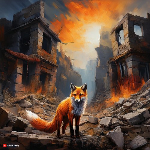 Firefly Ruins and fragments of houses and edges of fire and an orange fox standing on the ruin...jpg