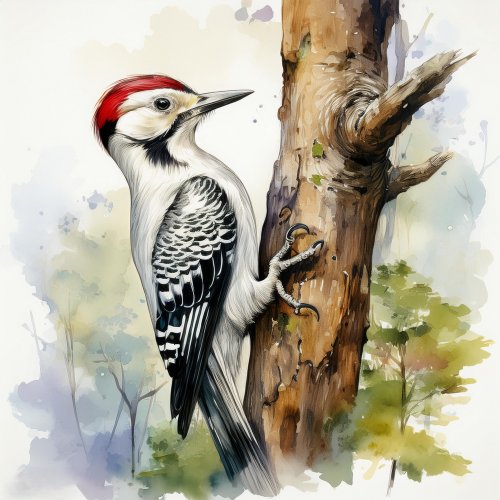 watercolor illustration of a woodpecker by a tree.jpg