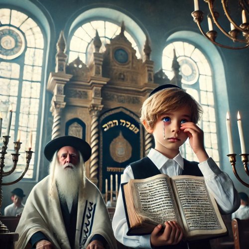 DALL·E 2024-09-18 00.04.02 - A young Orthodox Jewish boy standing with a siddur (prayer book) ...JPG