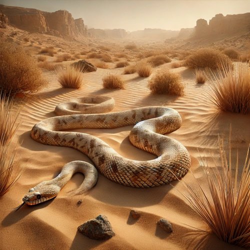 DALL·E 2024-11-01 14.00.04 - A realistic desert scene featuring a snake perfectly camouflaged ...jpg