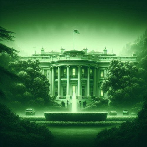 The White House in America, entirely in green color, evoking thought, awe, and inspiration, em...jpg