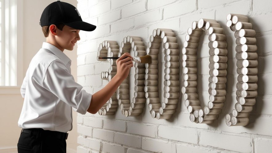 בחור בן 18 עם מכנס שחור וחולצה לבנה וכיפה שחורה בראשו מקשקש עם מכחול על הקיר את המספרים שלוש מ...jpg