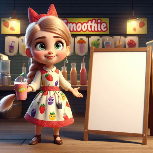 A little Pixar-style girl with a braid in a smoothie seller costume wearing a dress with carto...jpg