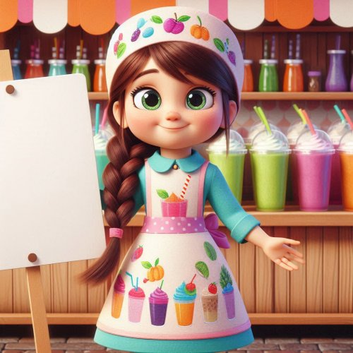 A little Pixar-style girl with a braid in a smoothie seller costume wearing a dress with carto...jpg