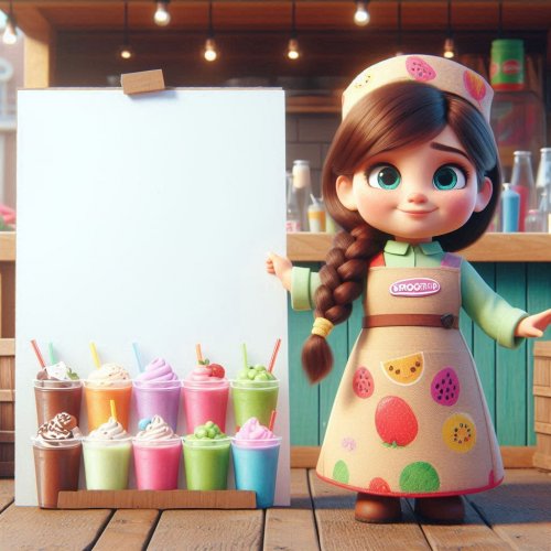 A little Pixar-style girl with a braid in a smoothie seller costume wearing a dress with carto...jpg