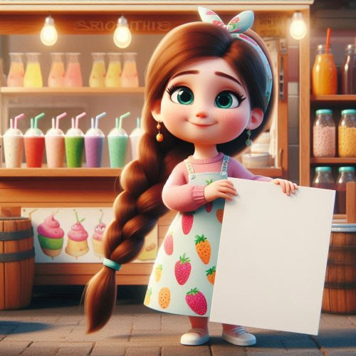 A little Pixar-style girl with a braid in a smoothie seller costume wearing a dress with carto...jpg