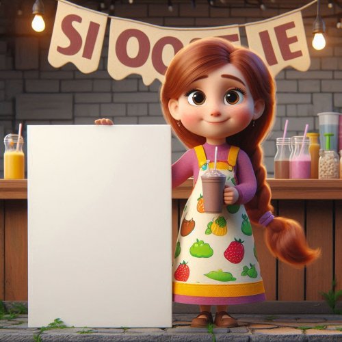 A little Pixar-style girl with a braid in a smoothie seller costume wearing a dress with carto...jpg