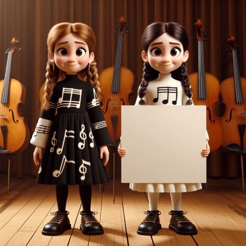 2 little Pixar-style girls in black, brown and white musician costumes with musical notes prin...jpg