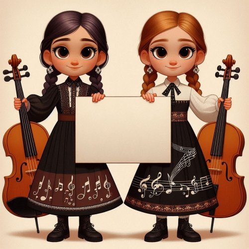 2 little Pixar-style girls in black, brown and white musician costumes with musical notes prin...jpg