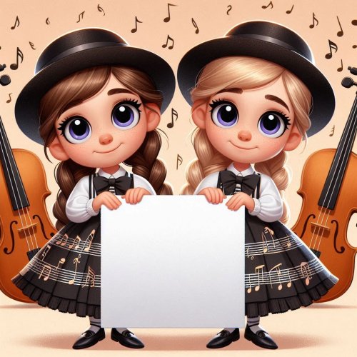 2 little Pixar-style girls in black, brown and white musician costumes with musical notes prin...jpg