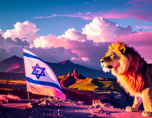 Firefly_ציור של אריה המנופף בדגל ישראל-__אריה מלכותי עומד במרכז, רעמתו הזהובה מתנפנפת קלות בר ...jpg