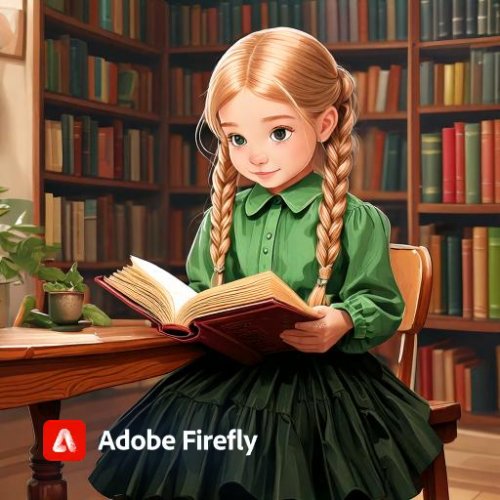 Firefly Illustration of a little girl with 2 braids, a green button-down shirt with a closed n...jpg