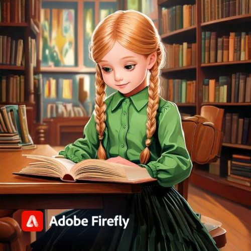 Firefly Illustration of a little girl with 2 braids, a green button-down shirt with a closed n...jpg