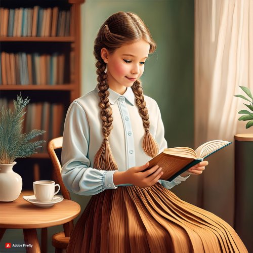 Firefly A girl with 2 braids, a long pleated skirt and a button-down shirt sits on a chair by ...jpg
