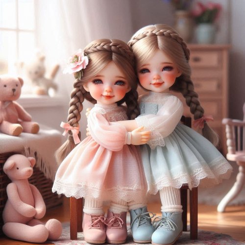 שתי בובות חרסינה עם צמות אחת עם בגד ורד ואחת עם בגד תכלת מחובקות ושמחות שיהו נראות ילדות קטנות.jpeg