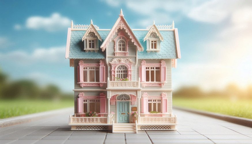 בית בובות  בגווני ורוד ותכלת מוכן כרקע לצילום עומד על המדרכה ורקע של שמים מאחורה.jpeg
