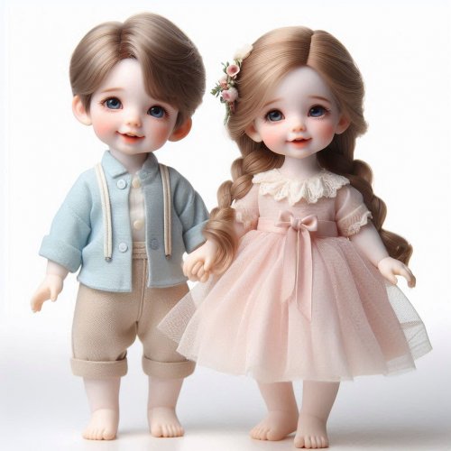 שתי בובות חרסינה עם צמות אחד בן אחת בת  אחת עם בגד ורד ואחד בן עם בגד תכלת הבן בלי צמות  מחוב...jpeg