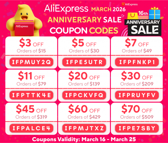 AliExpress 16th Anniversary Sale Promo Codes Global Edition (March 2026).png