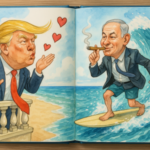 20250709_1632_Surfing Netanyahu, Kissing Trump_simple_compose_01jzqp4502f12r3p4pvgwv6nry.png