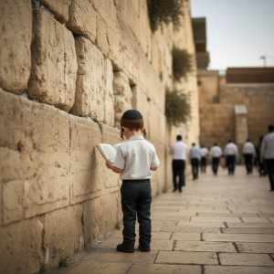 ילד חסידי מתפלל  בכותל
